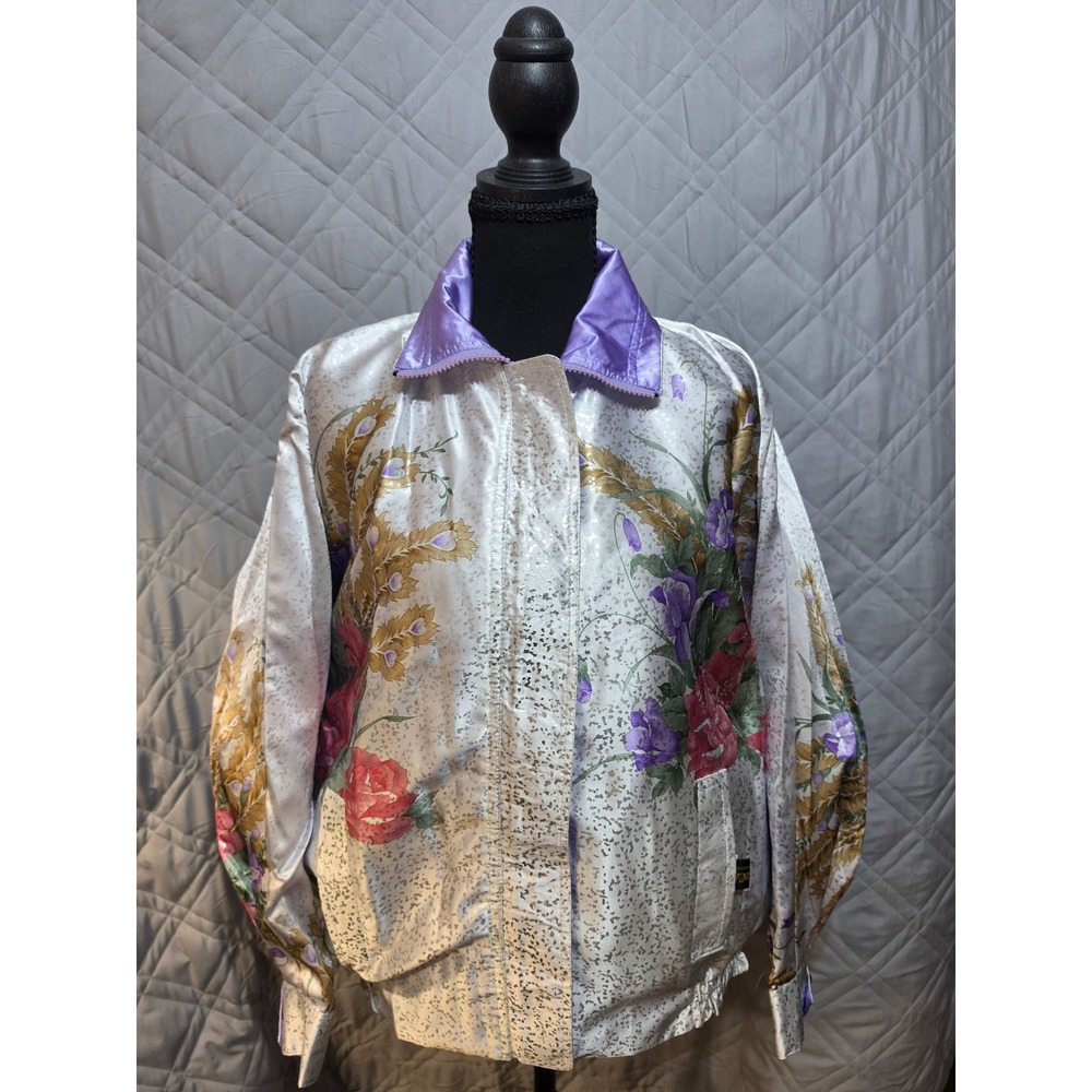 Monaliza Reversible Satin Bomber Jacket Floral Metallic Silver Purple one size